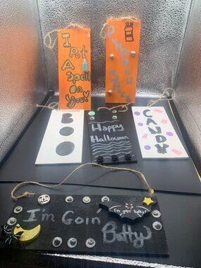 Lot of 6 DIY Halloween Themed Wooden Hanging Signs SELLING AS IS